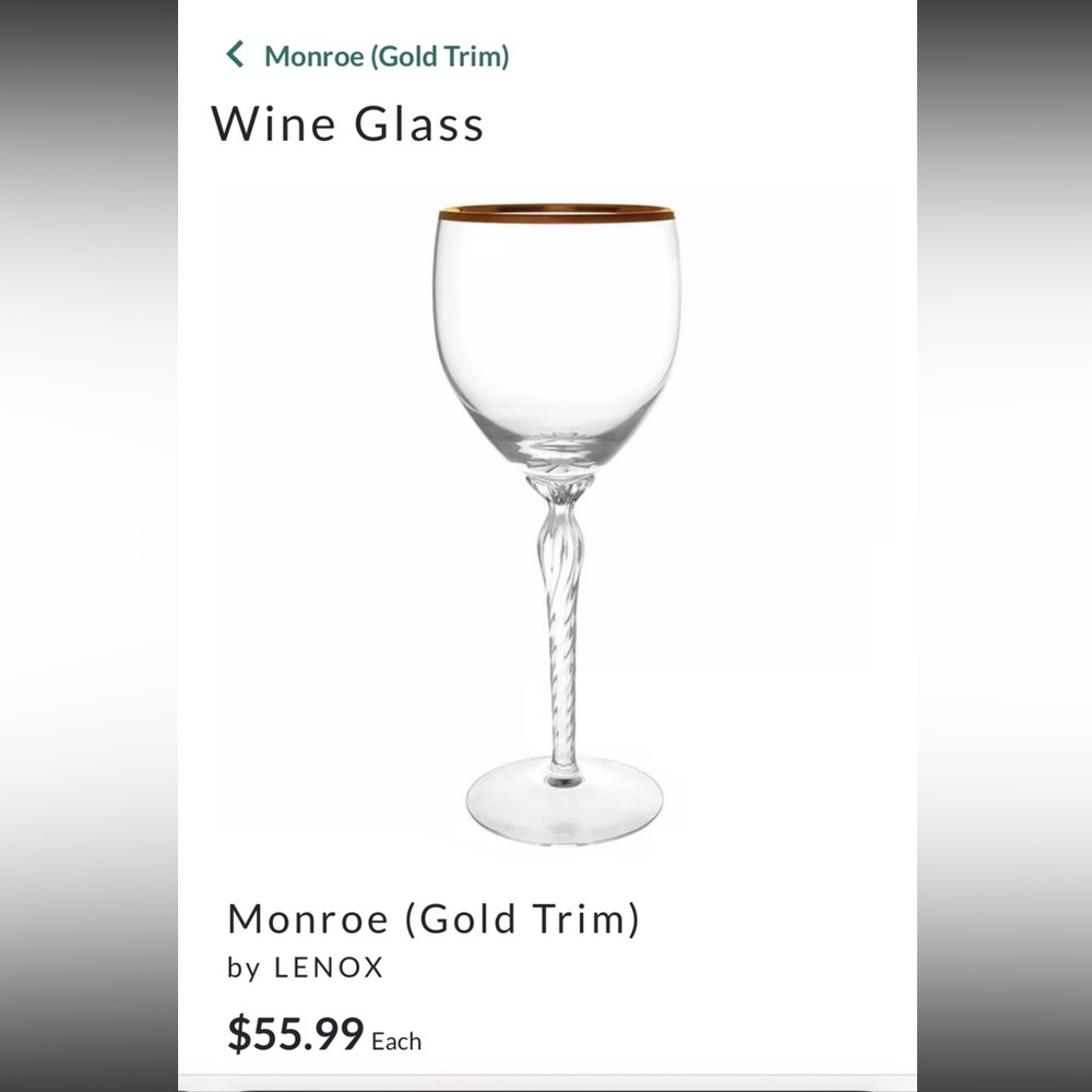 Set of 11 Lenox Monroe crystal wine glasses. Used once. Gold rim.